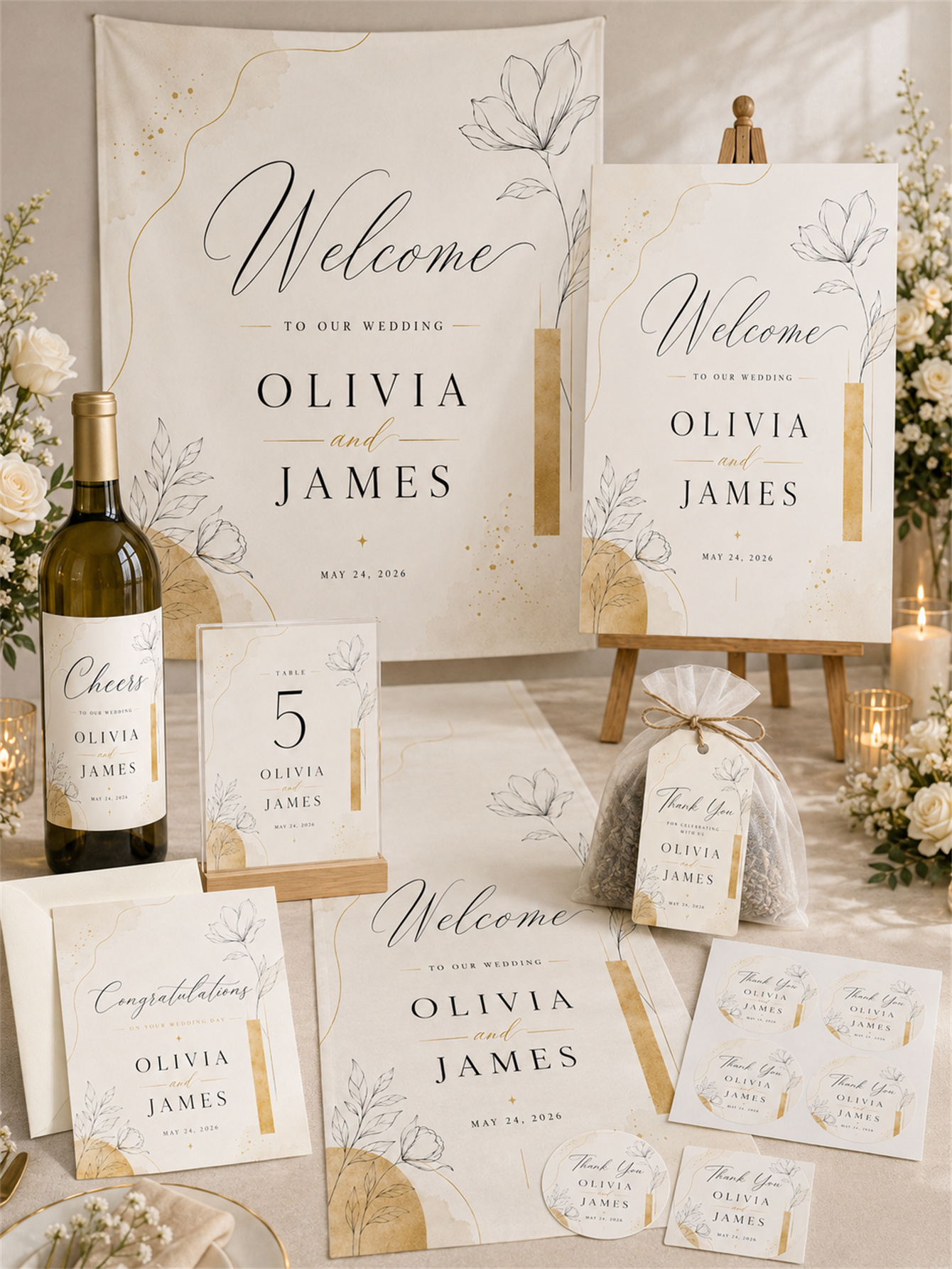 Gray-blue and romantic wedding decorations - garden arch design - custom names and dates